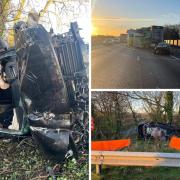 The first pictures have emerged of a crash a man miraculously escaped after being trapped against a tree on a North Yorkshire road Credit: RICHMOND FIRE STATION