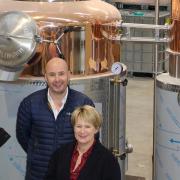 Karl and Cathy with Rishi Sunak at their distillery