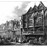 A house in Bridge Street, one of Chester's famous timber properties, as it appeared in 1808, etched by George Cuitt in 1809. Supporters of Cuitt marvel at his many figures which add considerable live to his scene. (Bree 1.50, Cheshire Archives and