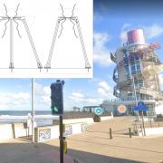 The seafront at Redcar, near to the Beacon, and (inset) a preliminary drawing of the time and tide bell