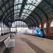 A TransPennine Express train entering Darlington, bound for Newcastle