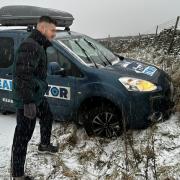 Keane Duncan's van stuck in snow between Lofhouse and Fearby near Masham