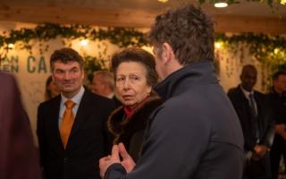 Gerald Lee of the Environment Agency , left, being presented to HRH The Princess Royal by David Parks, founder and managing director of The Skill Mill