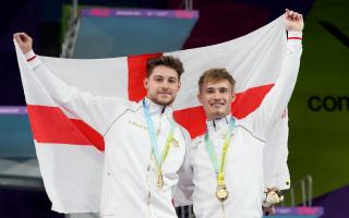 England's Anthony Harding and Jack Laugher with their Gold medals won in the Men's Synchronised 3m Springboard Final at Sandwell Aquatics Centre Picture: PA