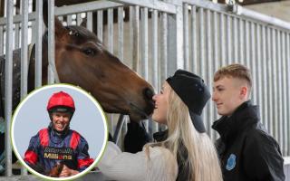 Amy and Robbie Lee get a kiss from We've Got This, who will be racing to raise funds for their injured father Graham, inset
