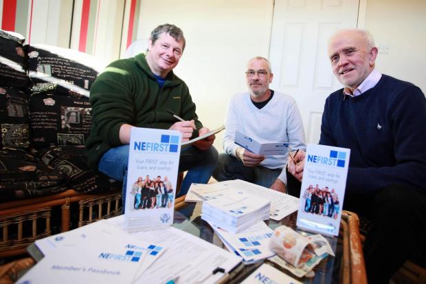 SAVING POINT: Michael Wilson and Simon Day,  from Junction 7, are joined by Sid Rooke, director of NE First Credit Union Picture: SARAH CALDECOTT